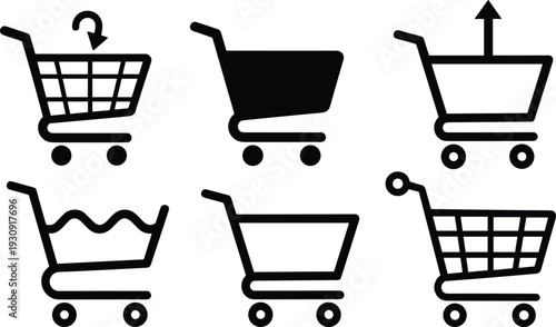 Vector collection of minimalist black shopping cart icons including add to cart, checkout, and empty basket symbols for modern ecommerce website and app design.