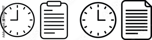 Set of four minimalist line icons featuring clocks and paper documents representing efficient time management, business productivity planning, task scheduling, and deadline organization
