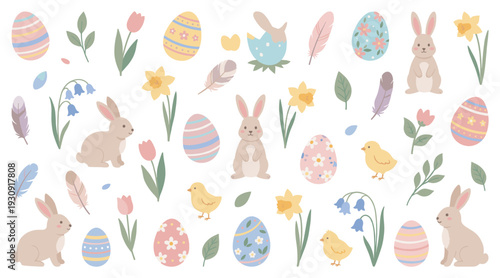 Cute Easter bunnies, eggs, chicks, flowers, and feathers are arranged as a charming pastel spring collection of elements.