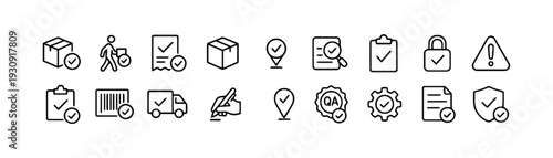 Quality control and logistics icons with checklist, delivery, and shipping