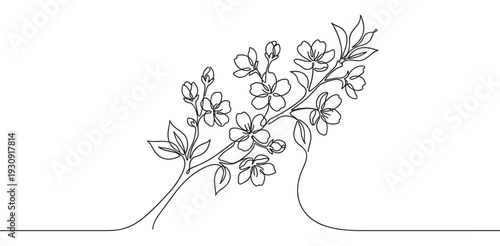 Continuous line drawing flowering branch with delicate blossoms and leaves creating an elegant minimalist botanical illustration perfect for spring.