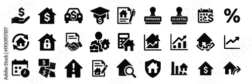 Real estate and finance icons representing mortgage and investment