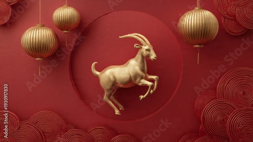Modern Luxury Chinese New Year 2027 Gold Goat on Red Background