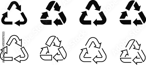 Recycle symbol variations set with solid and outline triangular arrow designs