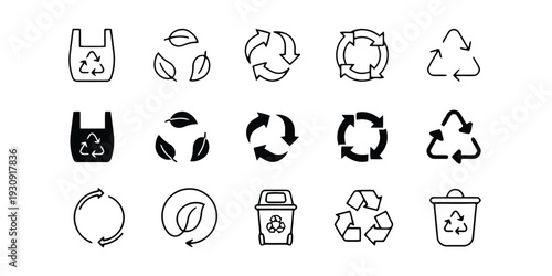 Recycling and eco-friendly symbols including plastic bag and trash bin icons