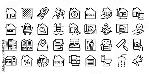 Real estate icons set for property, housing, and home buying or renting services