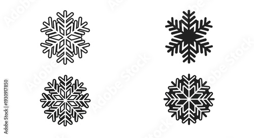 Four unique snowflake designs presented in black outline silhouette