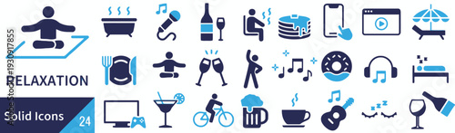Relaxation and leisure activities solid icons for wellness and lifestyle hobbies