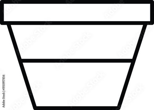 Minimalist black and white outline icon of a classic plastic container or garden flower pot isolated on a clean white background for design projects.
