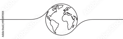 Continuous line drawing Earth globe illustration representing global connection, communication, and environmental sustainability.