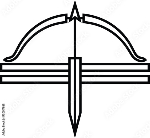Minimalist black and white crossbow icon vector illustration of a medieval arbalest weapon with an arrow bolt isolated on a white background for design.
