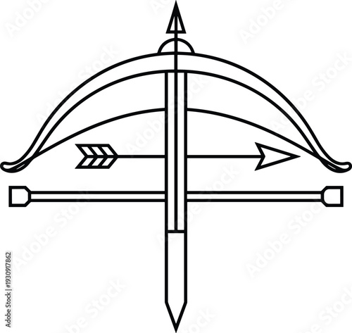 Medieval crossbow icon with arrow and arbalest symbol in linear outline style, black and white vector illustration for archery sports, hunting, and ancient weapon design.