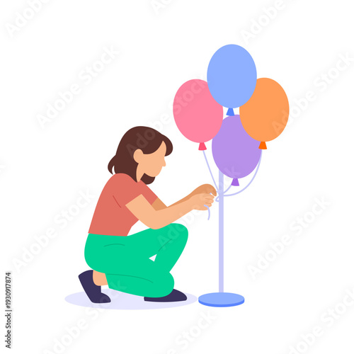 Placing Balloons, decorating venue with colorful balloons, Flat vector character illustration