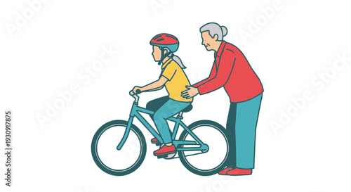 A parent helping a child learn to ride a bicycle silhouette