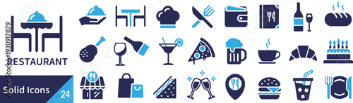 Restaurant icons solid set including table, chef hat, menu, wallet, cutlery and food items