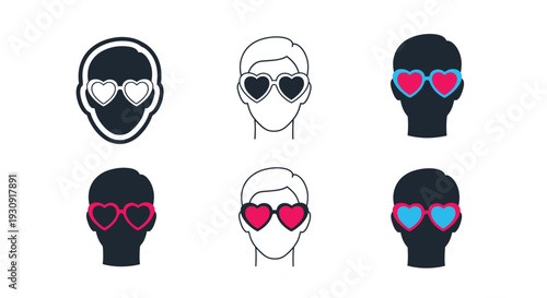Three variations of faces wearing heart shaped sunglasses a visual design silhouette
