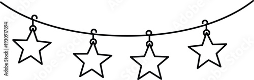 Minimalist black and white line art illustration of a festive garland made of outline stars curving gently on a clean white background for holiday decoration.
