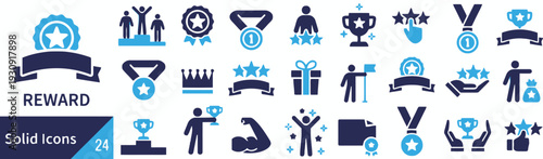 Reward and achievement icons in blue and dark blue solid style
