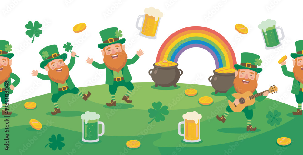 Fototapeta premium Happy leprechauns celebrating St Patricks Day with shamrocks, pots of gold, rainbows, and mugs of beer in a festive seamless pattern.