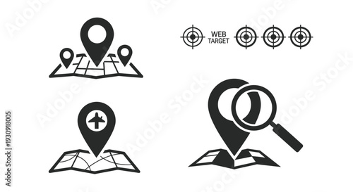 Location pins targets and a magnifying glass in black silhouette