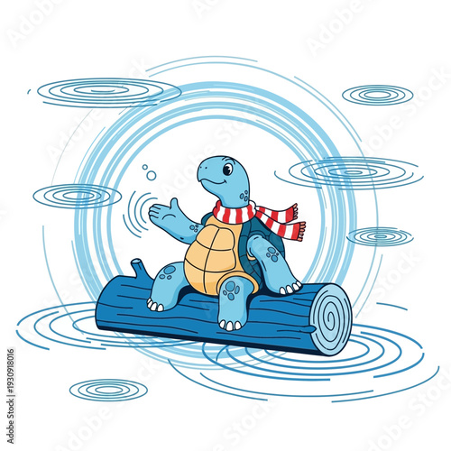 Whimsical Turtle Floats On Log Surrounded By Ripples