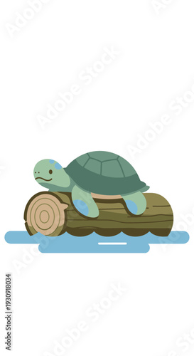 Whimsical Turtle Resting On A Floating Log Serene Aquatic Scene