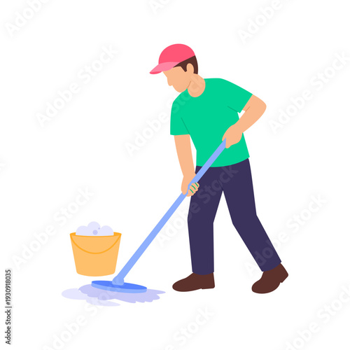 Cleaning Floor, maintaining cleanliness before event start, Flat vector character illustration