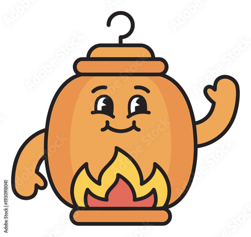 Cute cartoon orange lantern character with a friendly smile and a warm glowing flame inside, cheerfully waving its hand in a welcoming gesture.