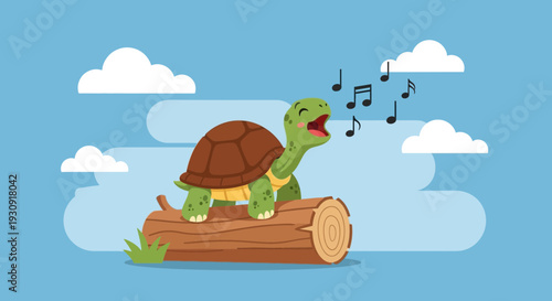 Whimsical Turtle Serenading Among Fluffy Clouds