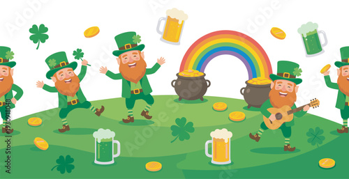 Happy leprechauns celebrating St Patricks Day with shamrocks, pots of gold, rainbows, and mugs of beer in a festive seamless pattern.