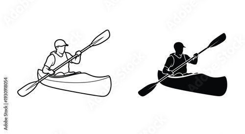 Kayaking illustration with a person paddling a canoe dramatic silhouette