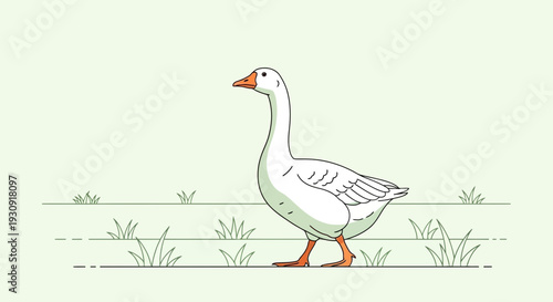 Whimsical White Goose Striding Through Minimalist Green Field