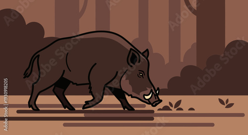 Wild Boar Wandering Through a Forest Landscape Illustration Minimalist Style