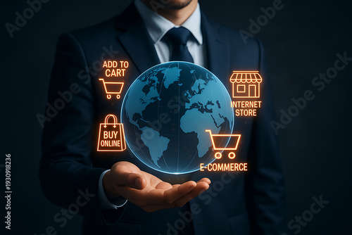 Professional holding glowing Earth with online shopping buy now internet retail e commerce and digital marketplace transaction icons