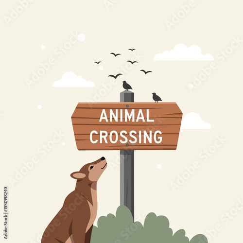 Wildlife Crossing Sign With A Curious Canine Companion And Avian Friends Above