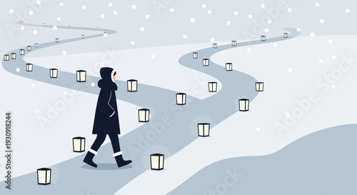 Winter Journey: A Person Strolls Along a Snow-Laden Path Lined With Lanterns