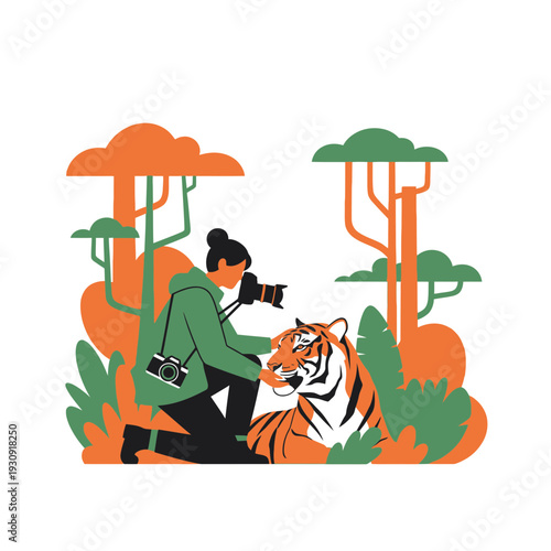 Wildlife Photographer Capturing Majestic Tiger Portrait in Lush Jungle Environment