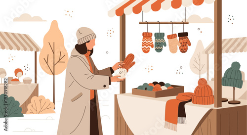 Winter Market Scene Featuring Handcrafted Mittens Scarves and Beanies