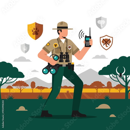 Wildlife Ranger Protecting Animals With Radio And Binoculars In Safari Landscape