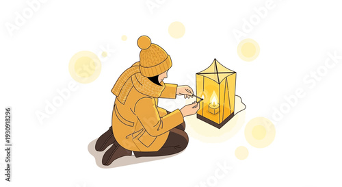 Winter Moment: Person Kindles A Lantern Creating Warmth And Illuminating The Cold