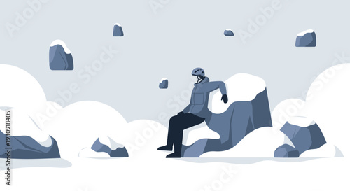 Winter Athlete Resting Among Snow Covered Rocks Outdoors