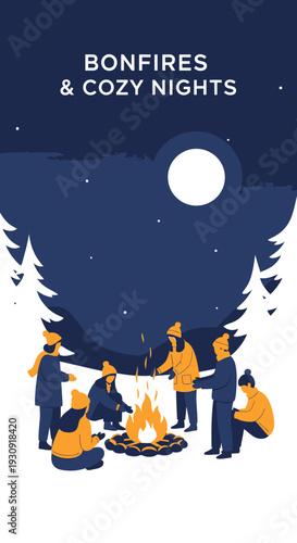 Winter Bonfire Gathering Under A Full Moon