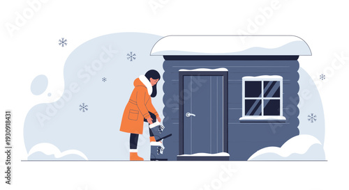 Winter Ready Scene Preparing For Snowy Outdoor Activities By A Cabin