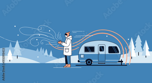 Winter Camper Enjoys Fresh Air With A Cozy Caravan In Snowy Landscape