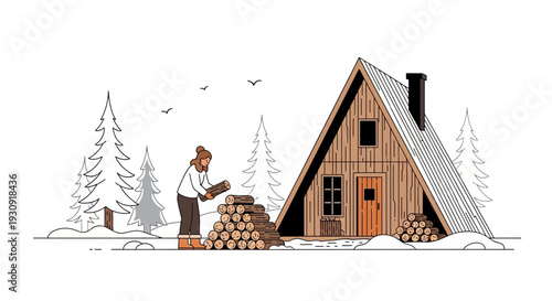 Winter Cabin Scene With Woman Gathering Firewood Minimalist Style
