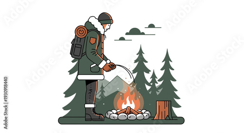 Winter Camper Tends Campfire In Snowy Forest Landscape