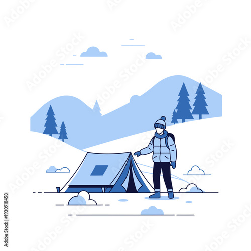 Winter Camping Adventure A Person Stands Beside A Tent In A Snowy Landscape With Mountains And Trees