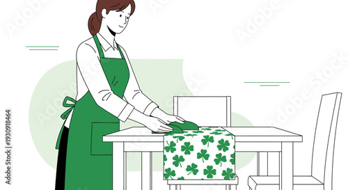 Woman Arranging Clover Table Runner for St Patricks Day Celebration