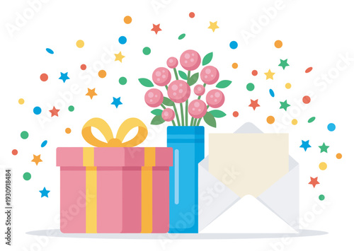 Gift box, flowers, and envelope with colorful confetti scattered around, symbolizing a joyous special occasion or festive event.