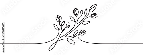 Continuous line drawing floral branch with delicate leaves and buds creating an elegant minimalist botanical illustration.